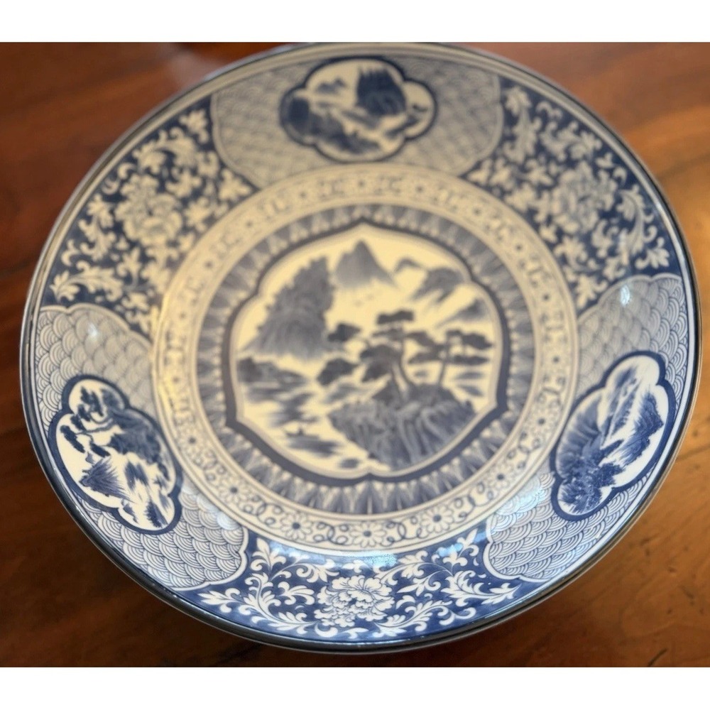 Vintage Blue & White Japanese Porcelain Chinoiserie Arita Large 11.5" Bowl